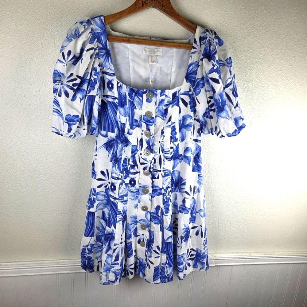 Caroline Constas NWT Linen Blend Floral Blue and White Mini Dress Size 02/XS - Picture 10 of 13